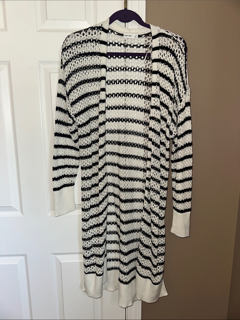 Nine West Black & White Striped Open Cardigan